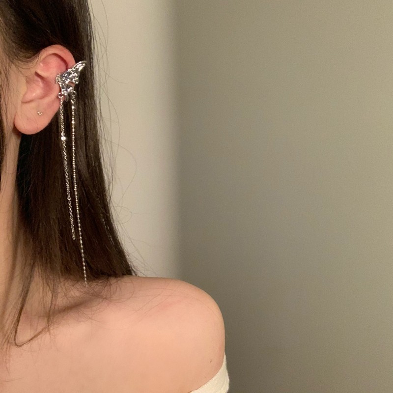 Zircon Butterfly Ear Cuff with Silver Tassel