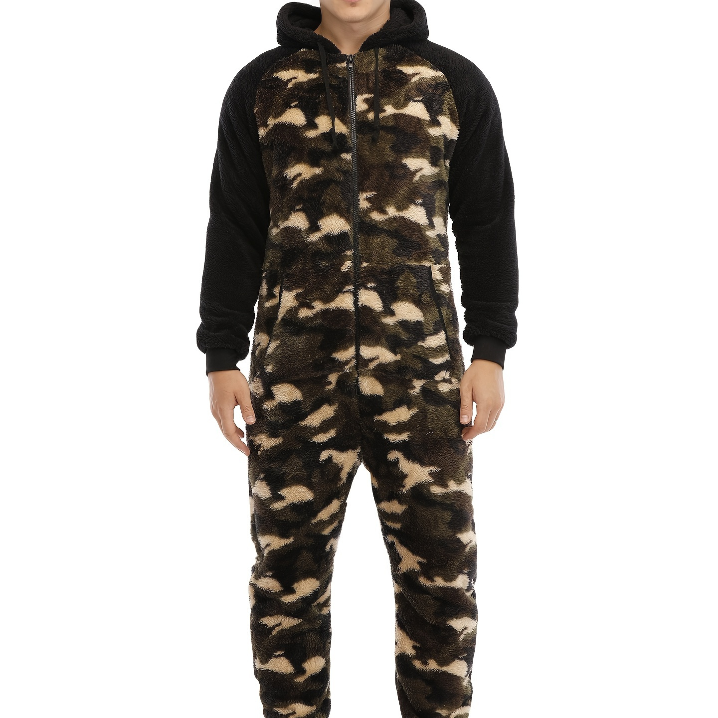 Men's Camo Novelty Print Hooded Drawstring One Piece Pajamas