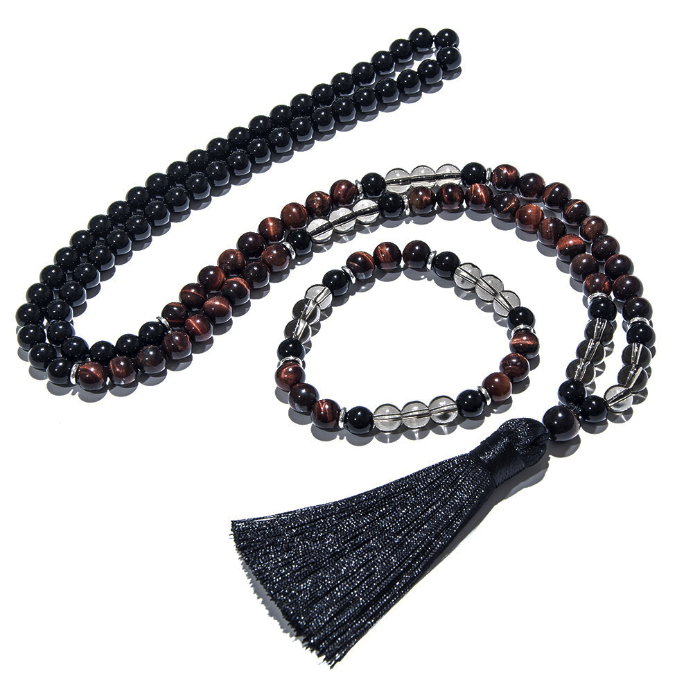 Image of 8mm Eye Stone Black Onyx Beads 108 Mala Necklace Bracelet Set Set For Men And Women, Gift For Eid, Ramadan