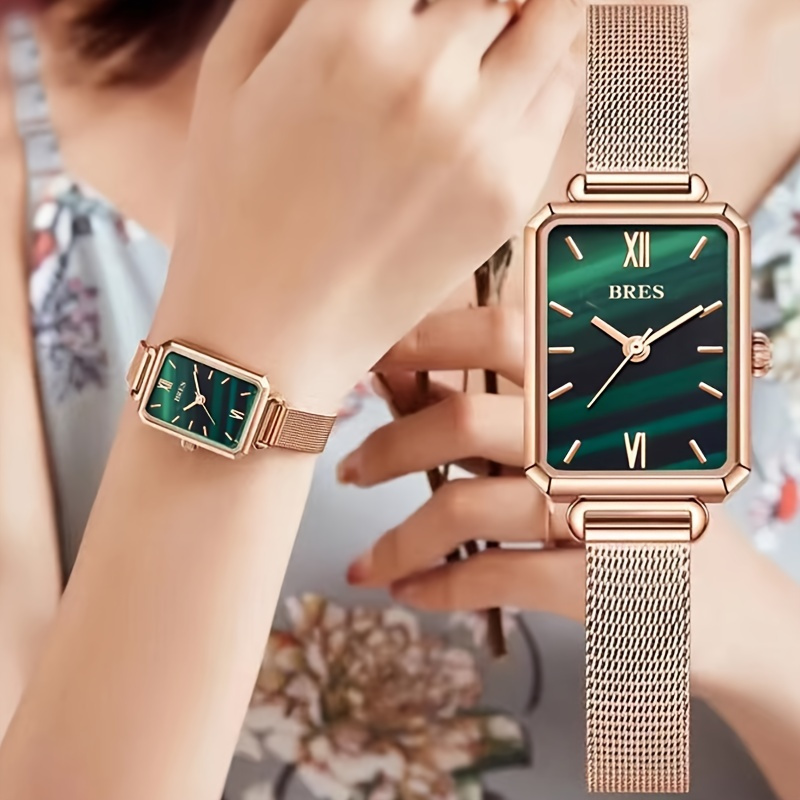 

Fashion Small Square Golden Watches For Women Green Stone Square Metal Watch Bling Ladies Analog Quartz Watches For Women Classic Vintage Green Dial Womens Watch
