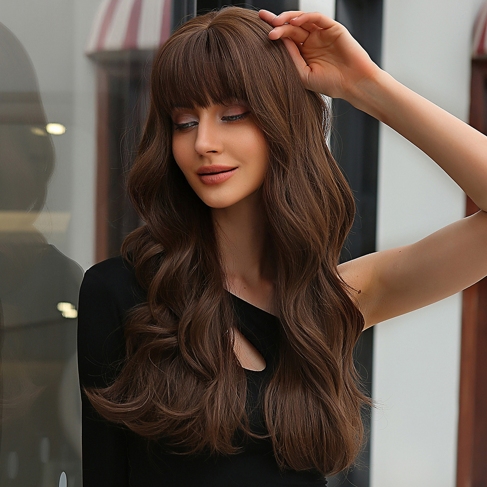 Long Brown Wig Women Bangs Wavy Curly Synthetic Hair Natural Temu