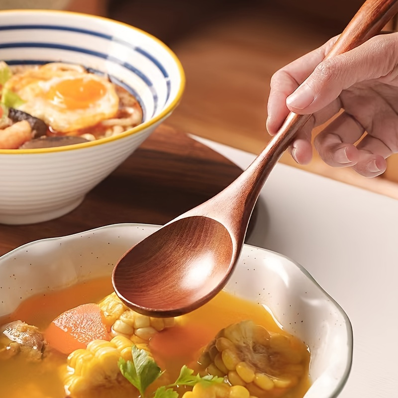 1pc Wooden Spoon, Rice Spoon, Soup Spoon, Ramen Spoon, Degradable Wood Cutlery, Kitchen Supplies