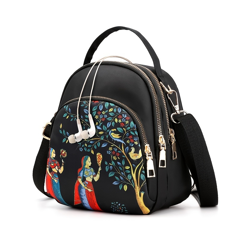 

Small Fashion Print Crossbody Bag, Trendy Multi Zipper Sling Bag, Casual Bag With Adjustable Strap