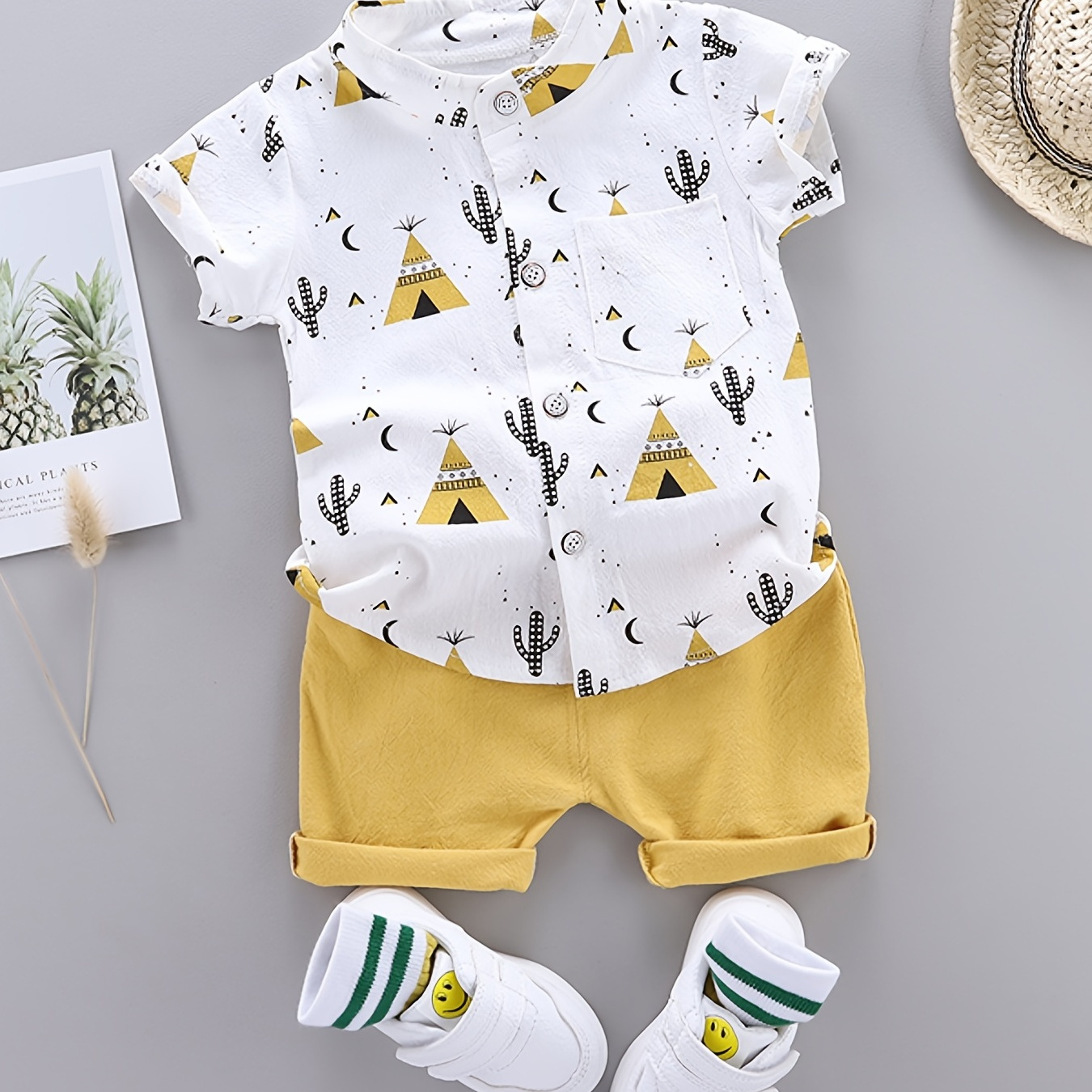 

Cute Summer Outfit For Boys: 2pcs Cartoon Print Shirt & Elastic Waist Shorts Set