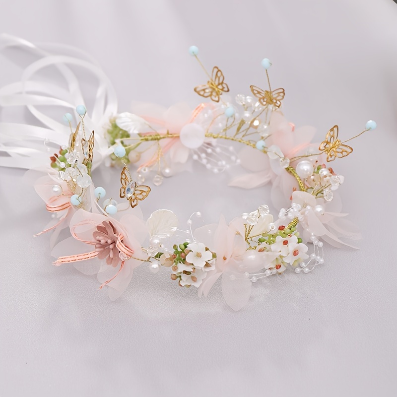 Corona de flores para niña, corona Floral de perlas de imitación, guirnalda  de novia, Aro para la cabeza, diademas románticas de boda - AliExpress