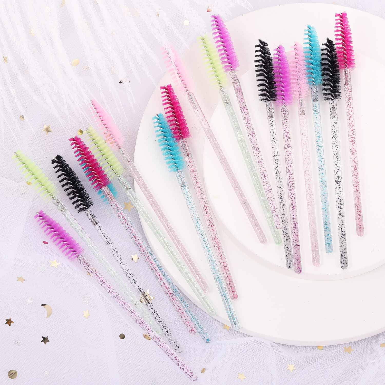 Image of 40pcs Vibrant Crystal Mascara Wands - Disposable Eyelash & Eyebrow Brushes, Flexible Nylon Bristles For Flawless Lash Extensions & Makeup Application, Acrylic Handles, Makeup Brushes