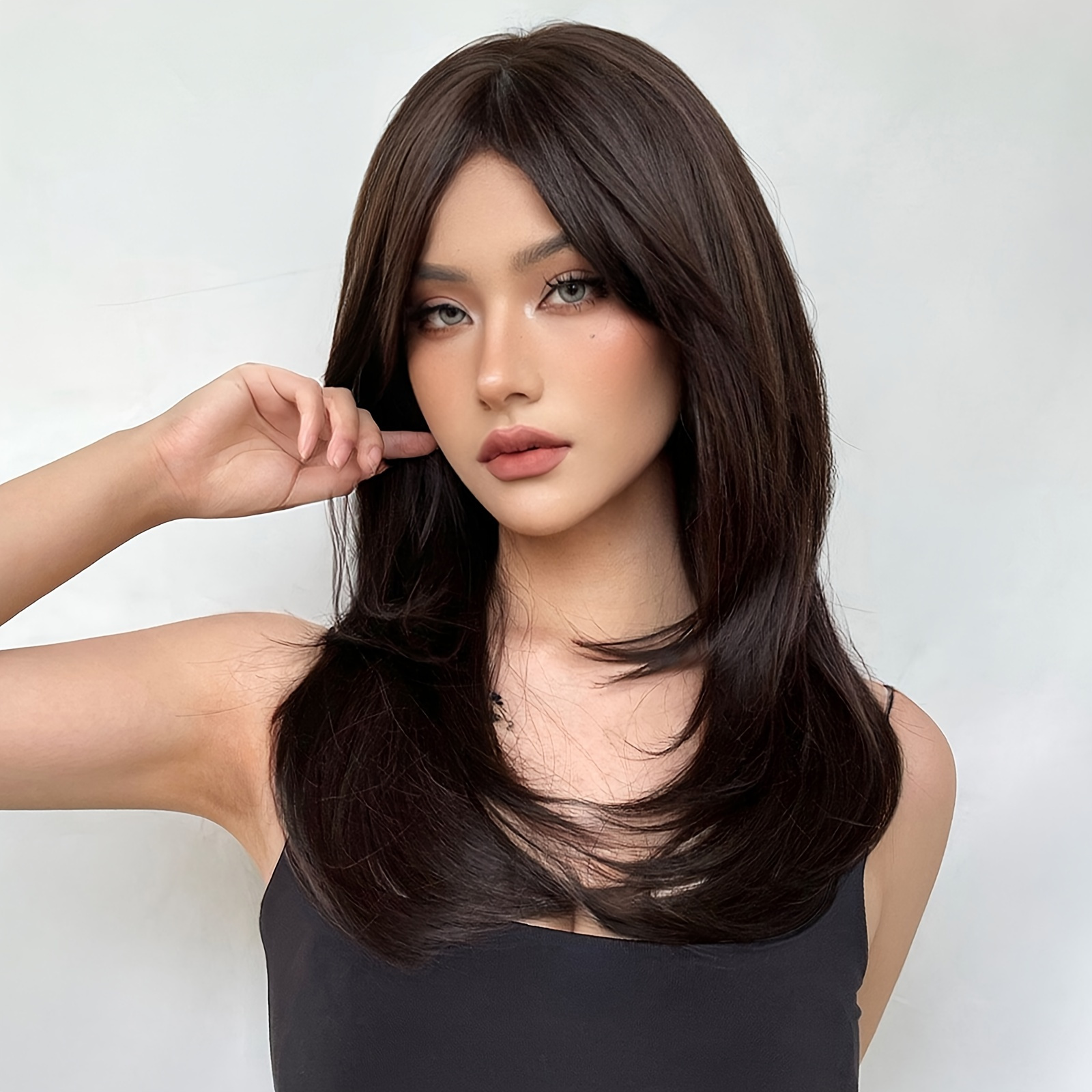 

Long Dark Wigs For Women Cute Bob Layered Synthetic Wig Straight Hair Nature Looking