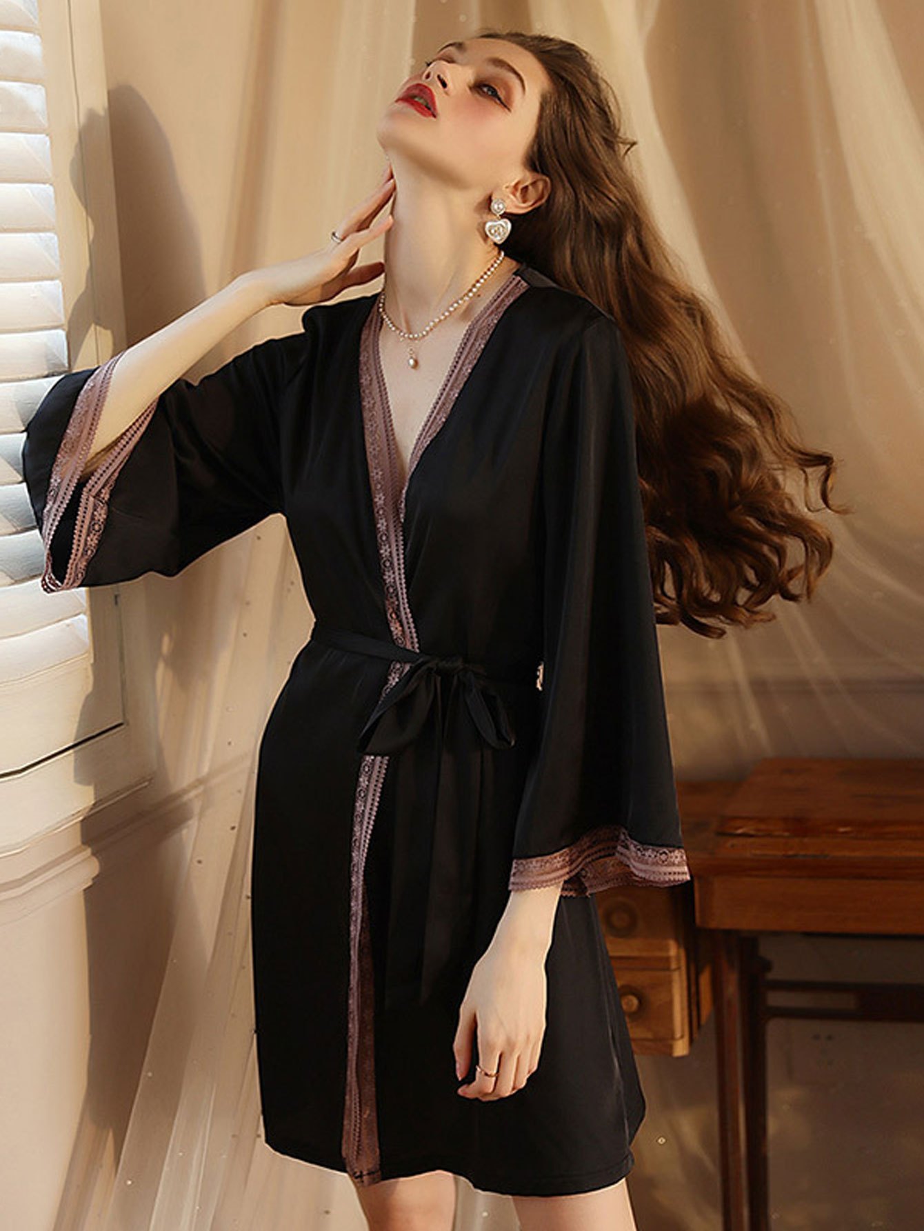 Long Sleeve Nightgown Black Lace  Women Long Lounge Nightgowns