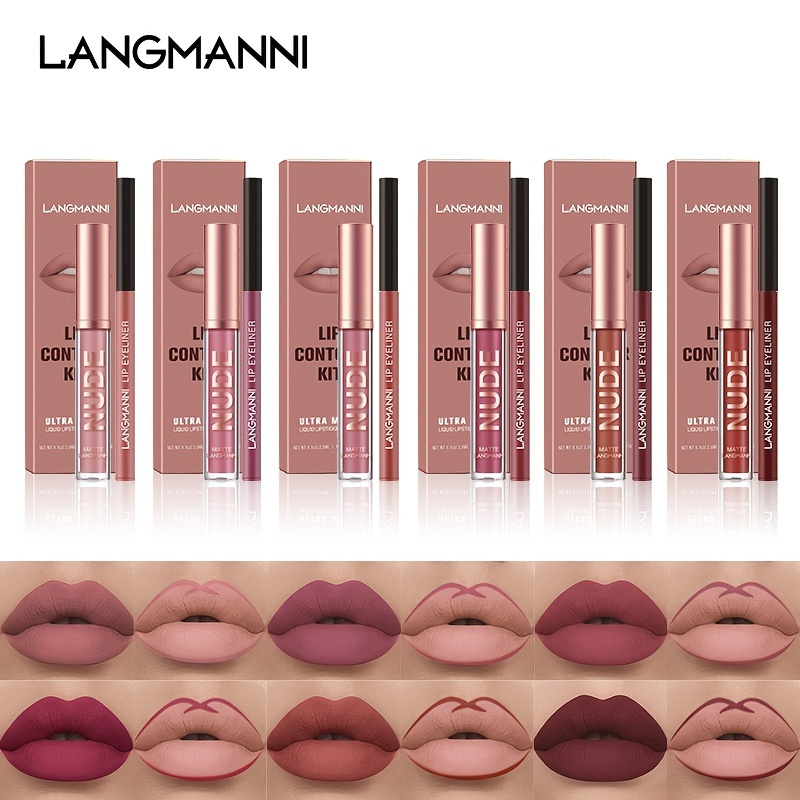 Langmanni 2pcs Lipgloss Lipliner Long Lasting Waterproof Liquid ...