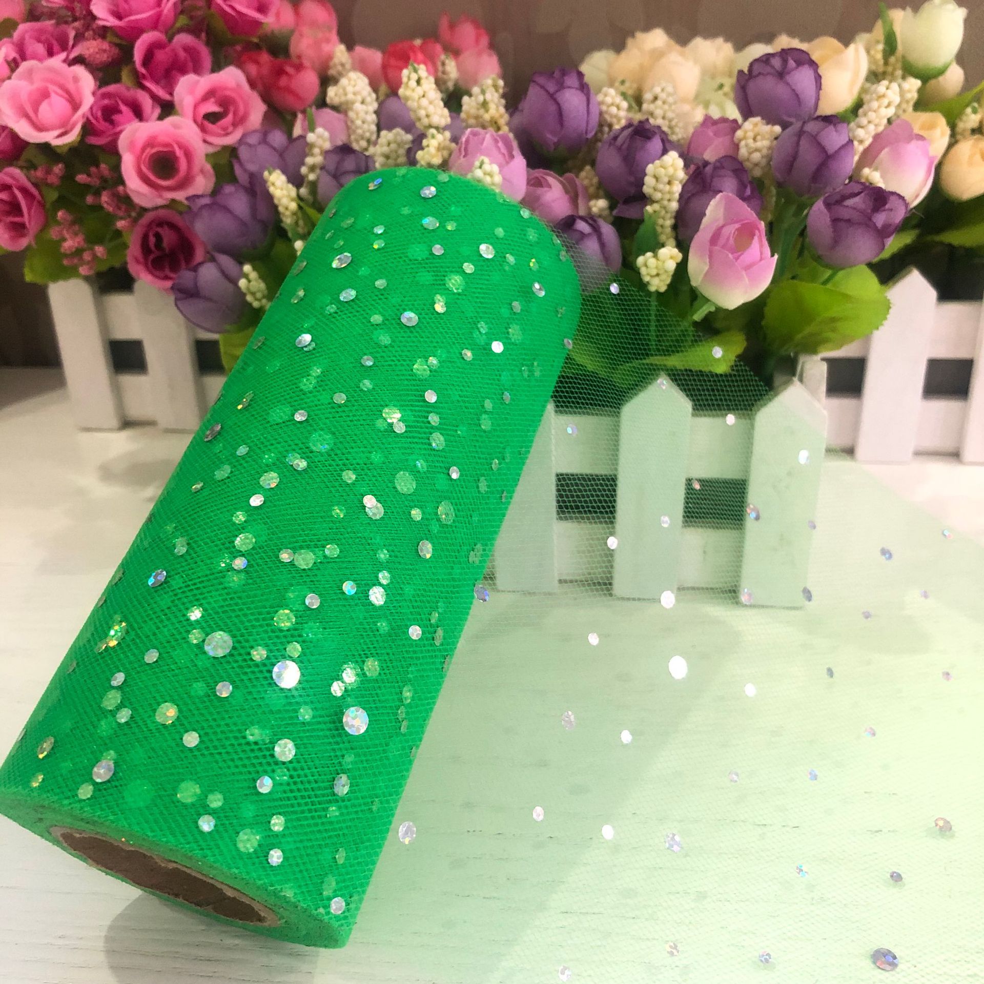 6x10 Yards Apple Green Elaborate Design Glitter Organza Tulle