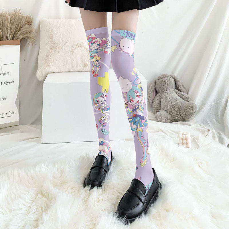 Kawaii Anime Thigh High Socks Cute Cartoon Print Knee - Temu Canada