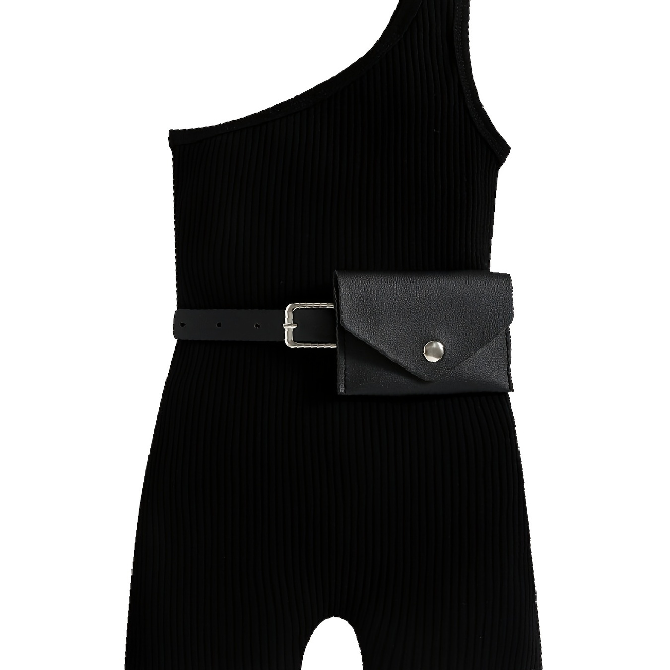 Toddler Girls Cotton Ribbed One Shoulder Jumpsuit Romper + Belt Waist Bag Baby Kids Clothes Summer