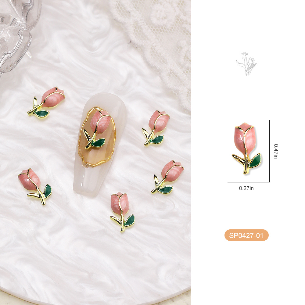 10pcs Tulip Flower Nails Charms 3D White Pink Alloy Rose Flower
