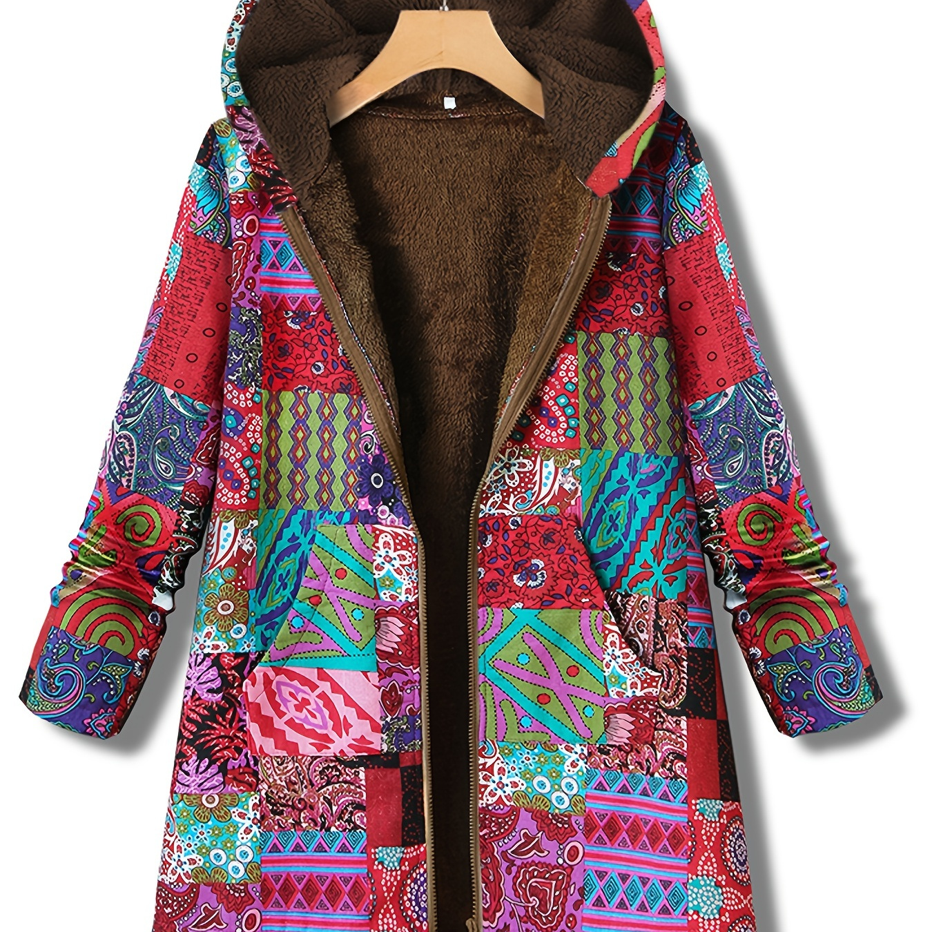 

Geometric Print Kangaroo Pocket Coat, Casual Long Sleeve Hooded Thermal Coat, Women's Clothing