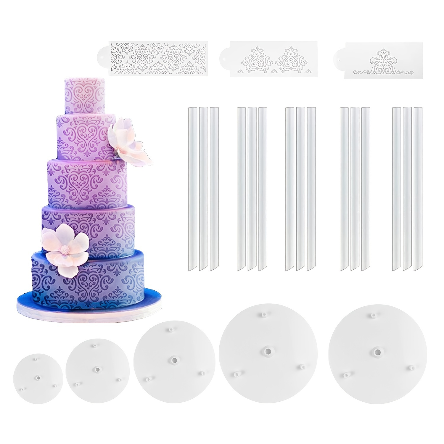 

1 Set, Plastic Tiered Cake Party Supplies Kit, 5pcs Cake Separator Plate And 15pcs Pillar, 3pcs Cake Border Spray Templates, Reusable Cake Stand, Perfect For Weddings, Parties, Muffin Cakes