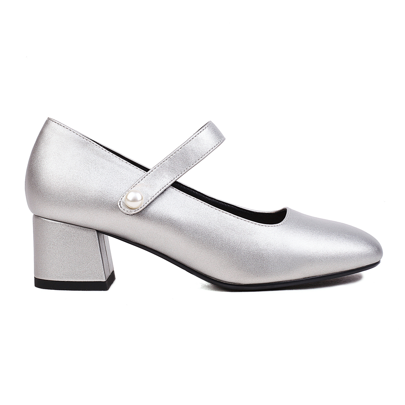  Naiyee Silver Mary Janes for Women Chunky Heel Mary Janes  Ankle Strap Dress Shoes for Women Close Round Toe Heels Pumps Size 5