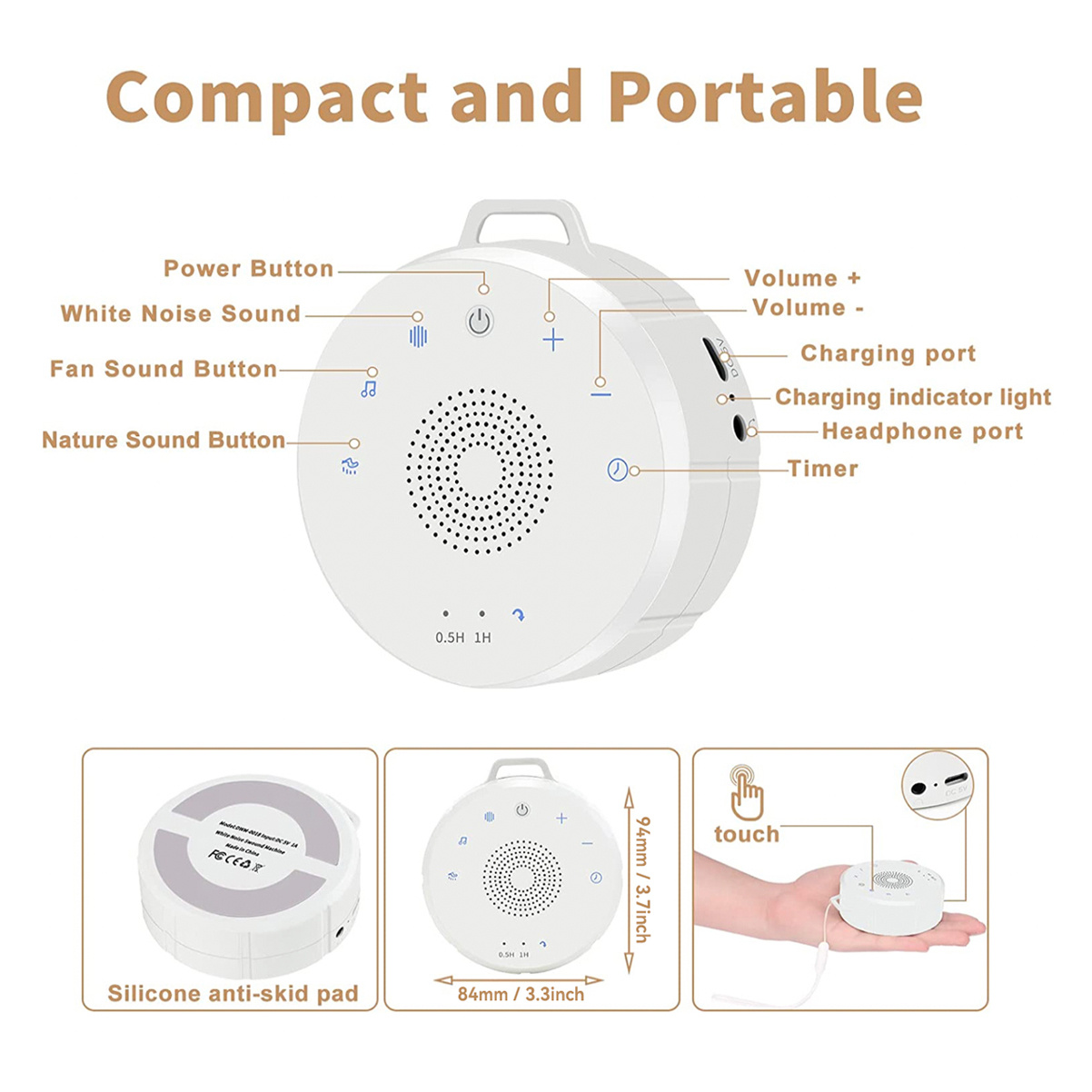 Machine à bruit blanc portable pour adultes et bébés avec 28 sons apaisants  et veilleuses avec minuterie de sommeil, ventilateur, sons de l'océan, du  ruisseau, de la pluie, berceuses USB rechargeable