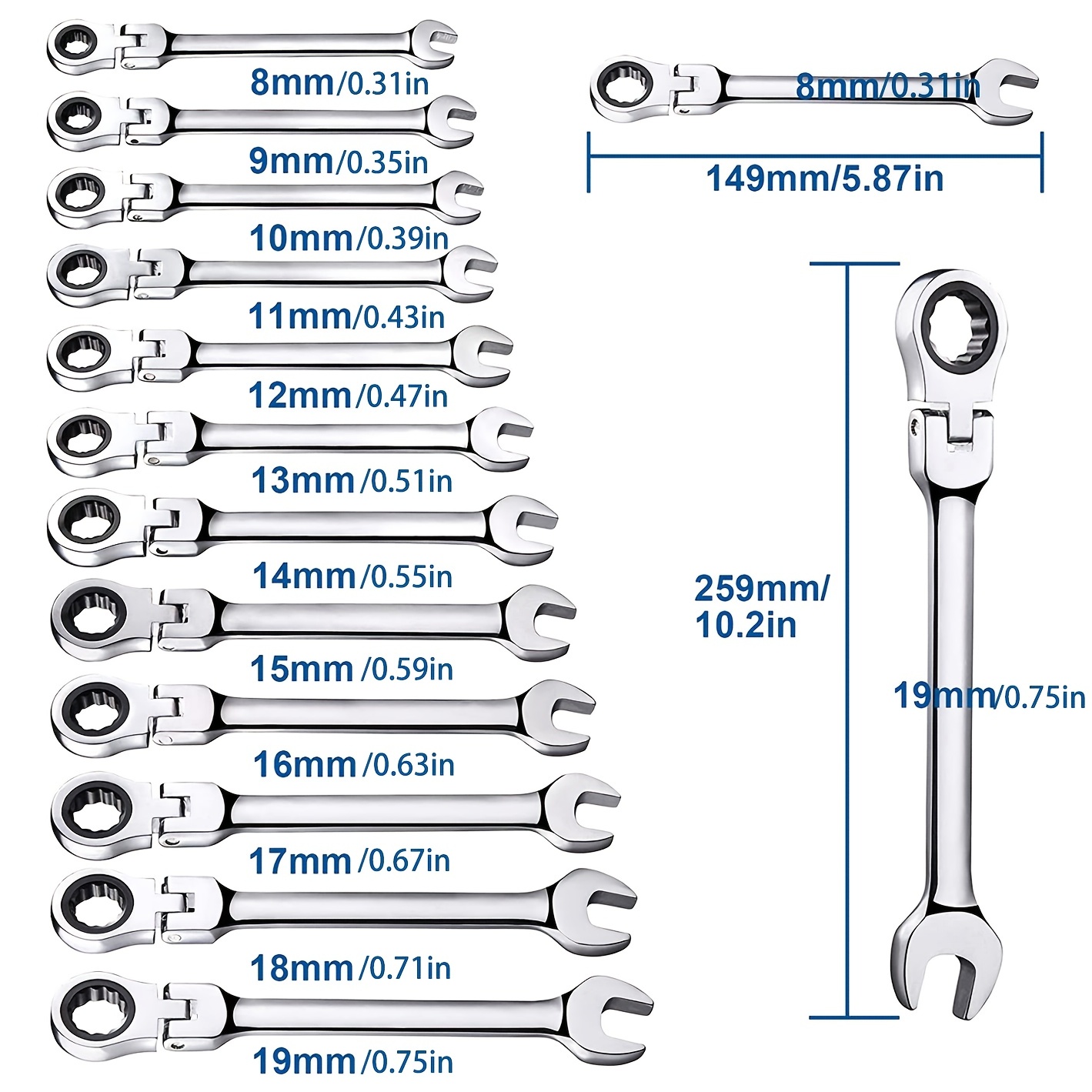 JUEGO LLAVES COMBINADAS ARTICULADAS DE CARRACA 12 PIEZAS CHROME