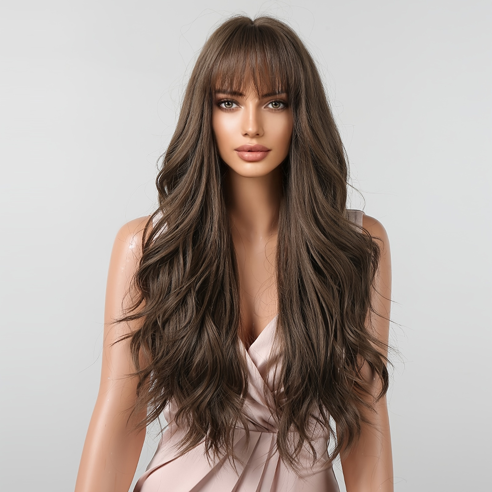 Long Brown Wig With Bangs Synthetic Wavy Bang Brown Wigs For Women Women Long Curly Heat Resistant Brown Hair Wig Cosplay Wig 26 Inches