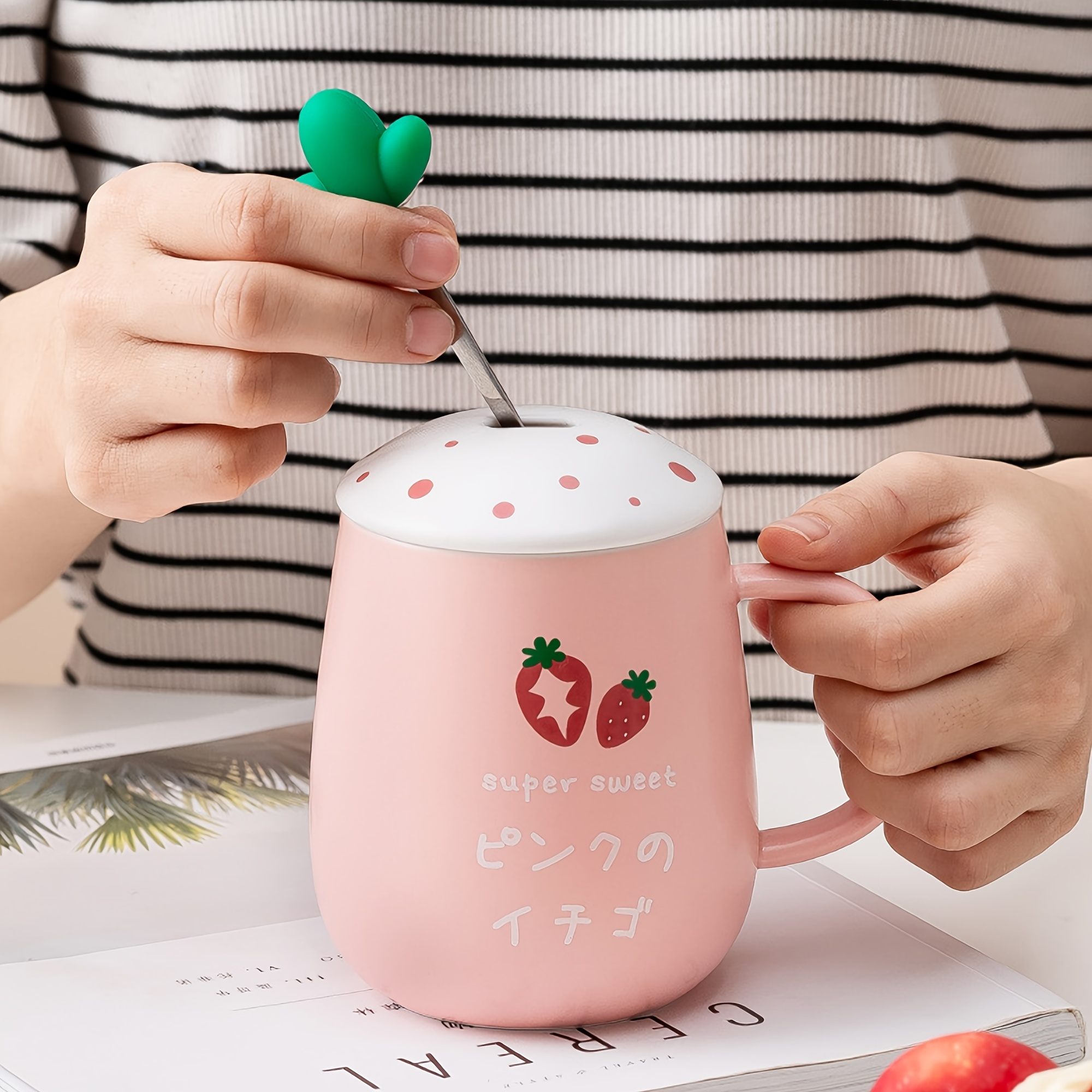 Cute Bear Peach Strawberry Coffee Cup Kawaii Ceramic Mugs Creative