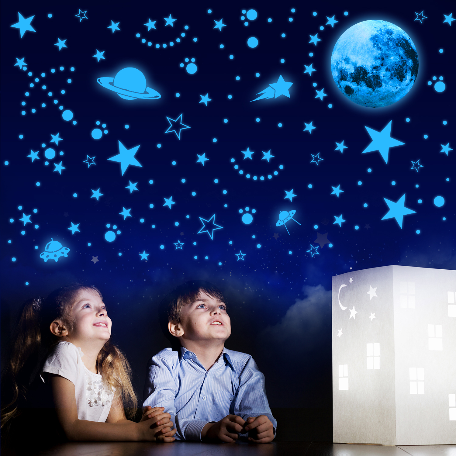 Estrellas y luna que brillan en la oscuridad para techo, estrellas  luminosas y calcomanía de pared de luna, para decoración de pared de habitaciones  infantiles, estrellas fluorescentes adhesivas, regalo para niño y