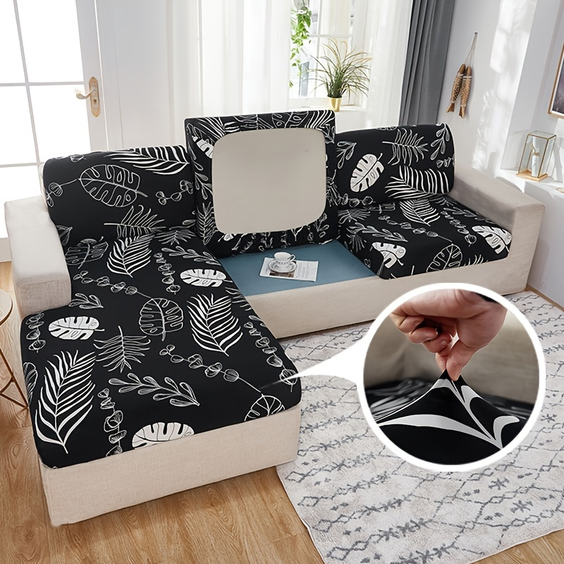 

1pc Milk Silk Printed Couch Cover, Black & White Leaves Pattern Stretch Sofa Covers, 1/2/3/4 Seater Slipcovers Cushion Couch