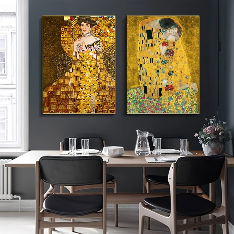

2pcs Gustav Klimt Kiss Abstract Oil Painting On Canvas Print Poster - Modern Art Wall Pictures For Living Room Decor