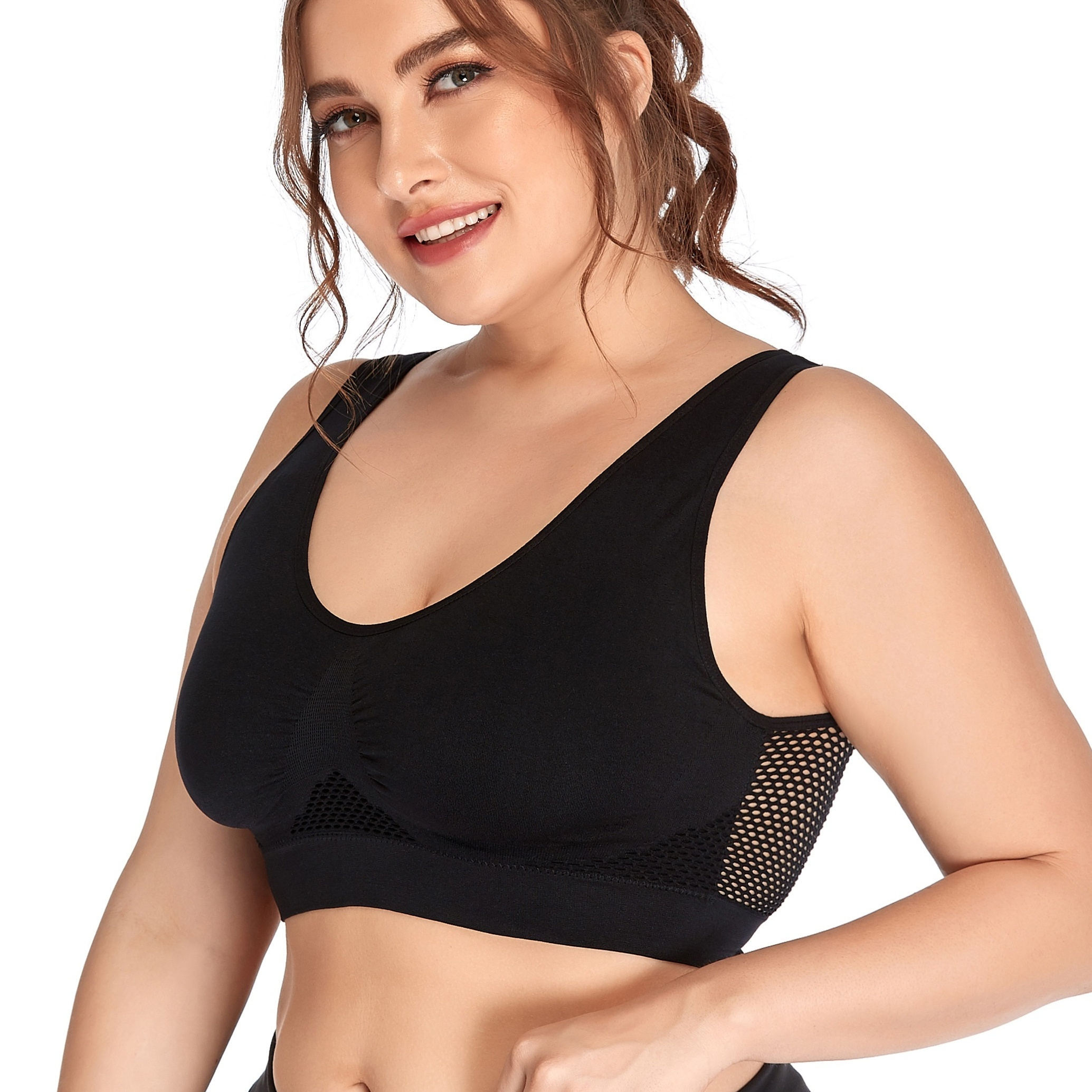 

Plus Size Breathable Eyelet Solid Push Up Non Underwire Sports Bra, Women's Plus Running Yoga Workout Sports Bra