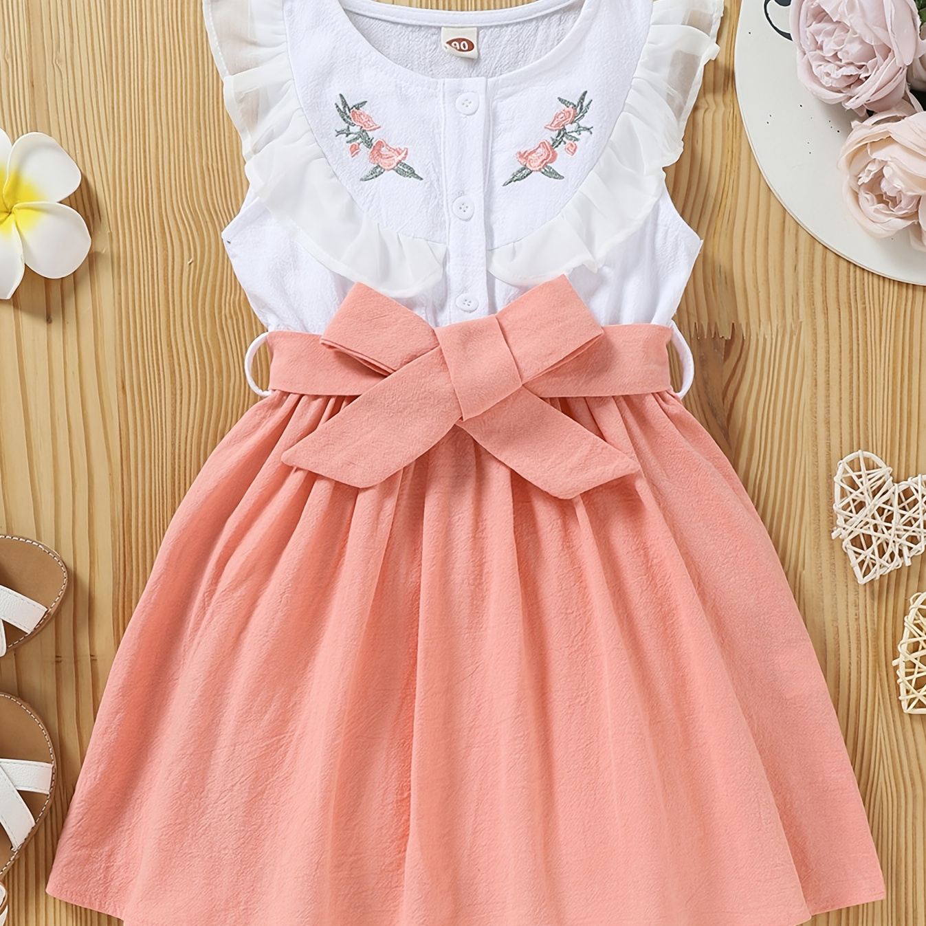 Girls Flower Embroidery Ruffle Trim With Bowknot Belt Dress Clothes