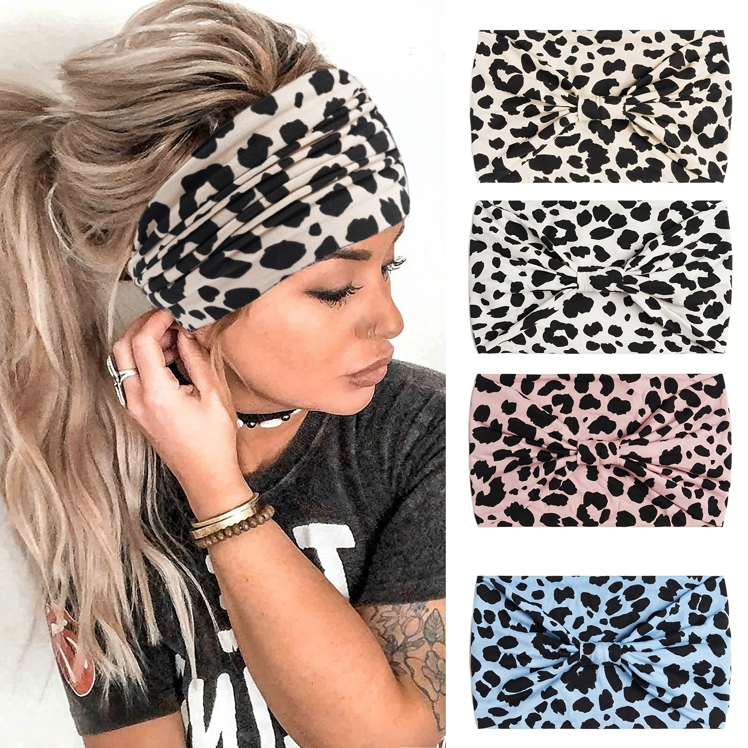 

Knotted Sports Hair Bands, Leopard Pattern Sweat Absorption Fitness Running Yoga Stretchy Headbands