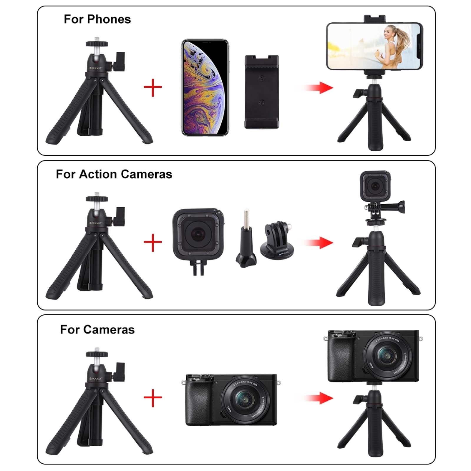 PULUZ Selfie Sticks Support de trépied + pince de téléphone avec adaptateur  de trépied et vis longue (noir)