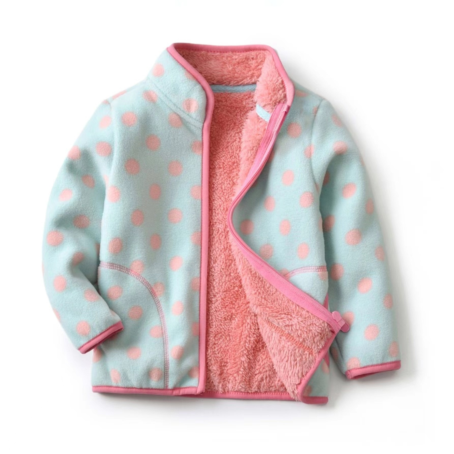 

Kids Girls Polar Fleece Jacket Polka Dot Print Thick Thermal Stand Collar Zip-up Outwear