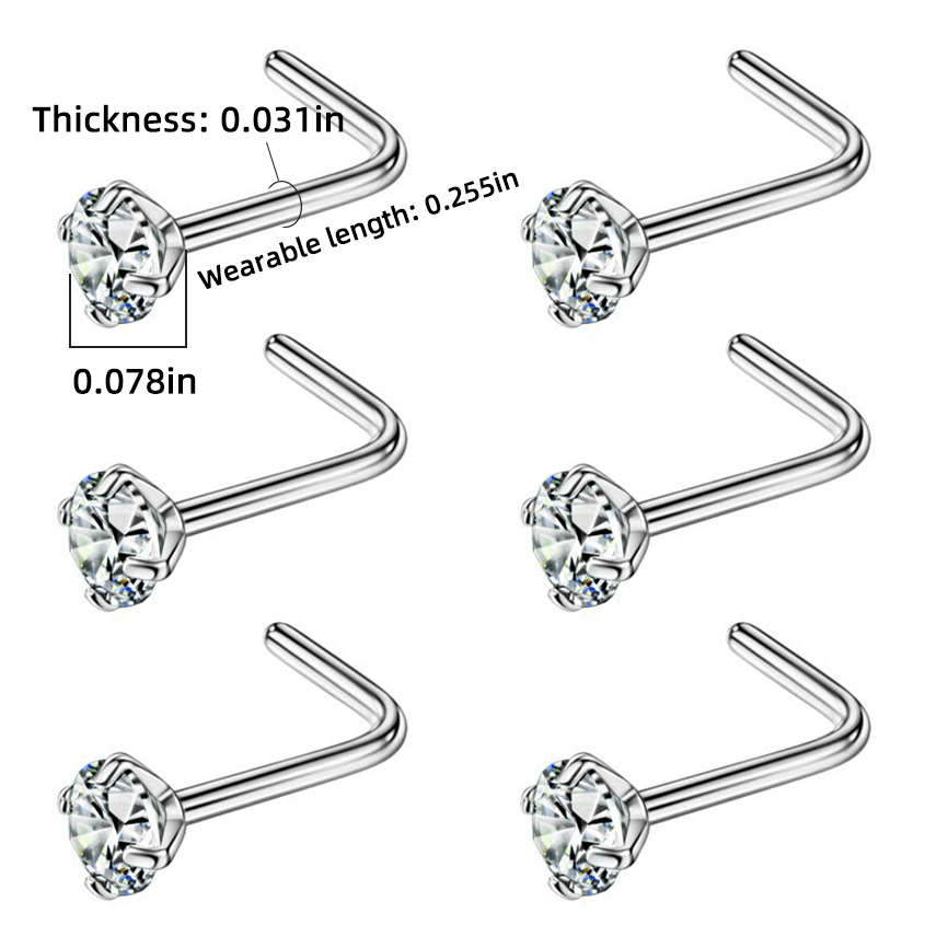 6pcs L Shape Nose Ring Set, Body Piercing Jewelry