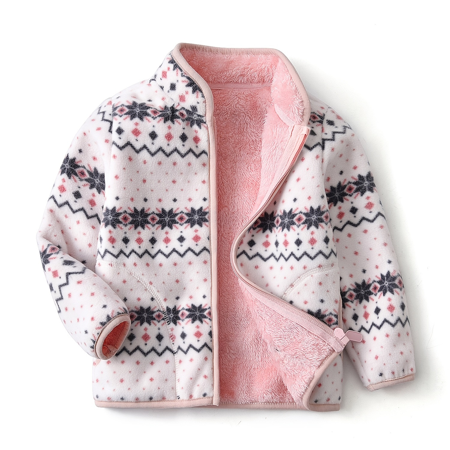 

Girls Fleece Jacket Winter Warm Vintage Fair Island Print Thicken Thermal Stand Collar Christmas Jacket Coat