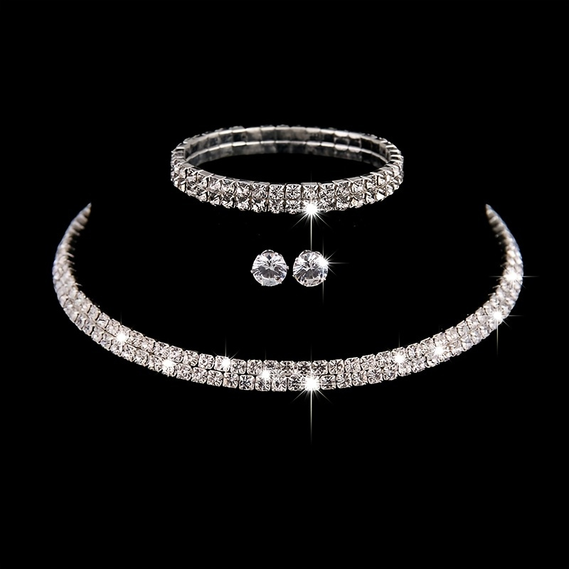Crystal Bridal Jewelry Set Full Shiny Zircon Tennis Necklace & Stud