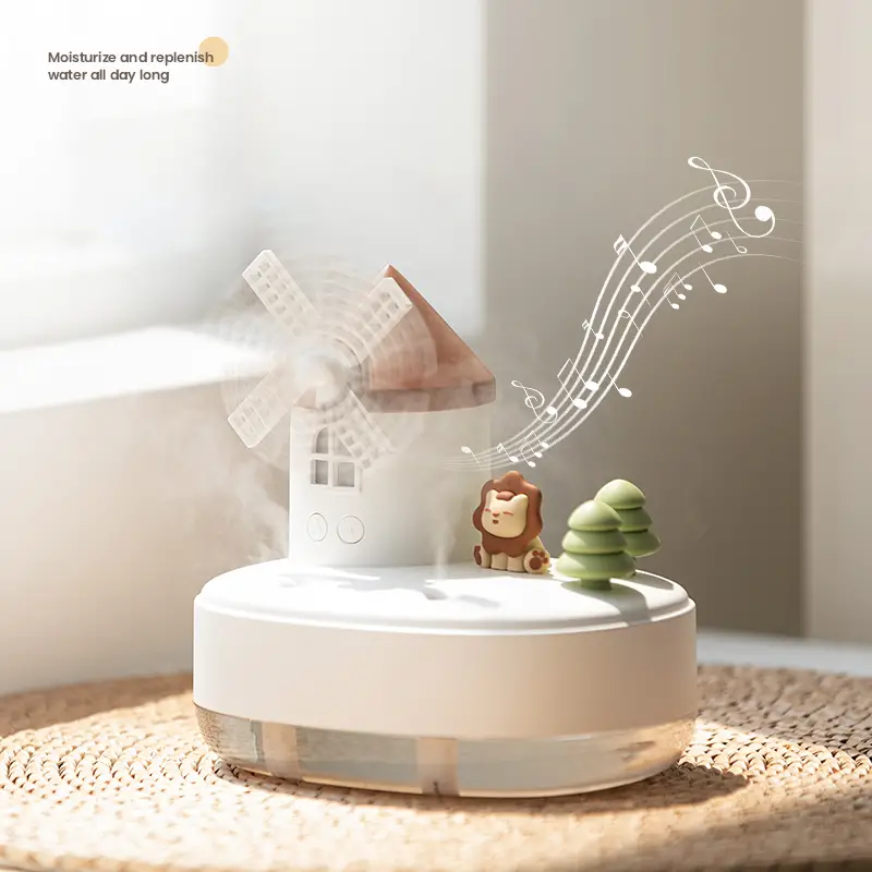 1pc mini windmill humidifier with night light and music cute humidifier for bedroom cool mist humidifiers desk humidifier music box for room office table details 6