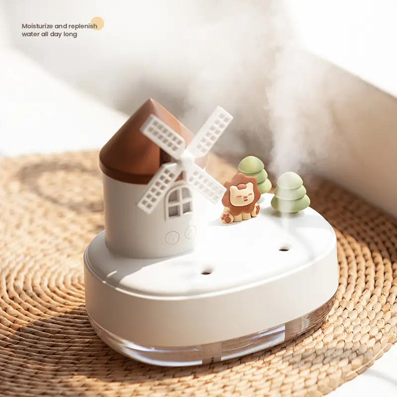 1pc mini windmill humidifier with night light and music cute humidifier for bedroom cool mist humidifiers desk humidifier music box for room office table details 7