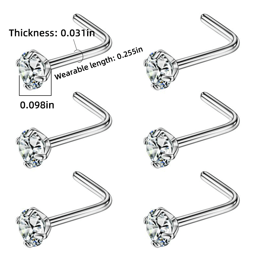 6pcs L Shape Nose Ring Set, Body Piercing Jewelry