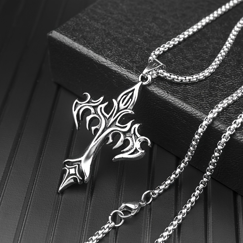 

1pc Men's Hip Hop Flame Cross Pendant Necklace