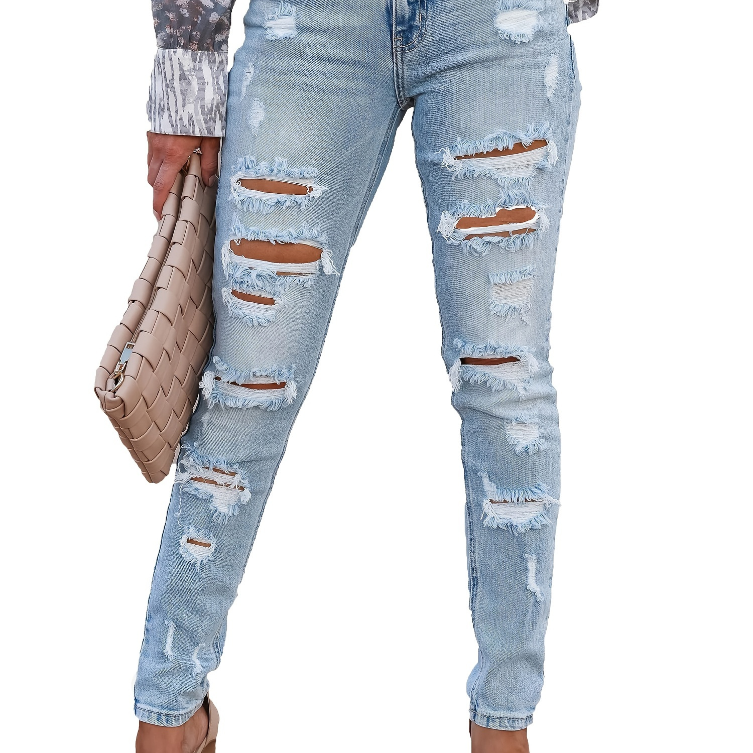 High Stretch Ripped Legs Skinny Jeans, Frayed Distressed Light Blue ...
