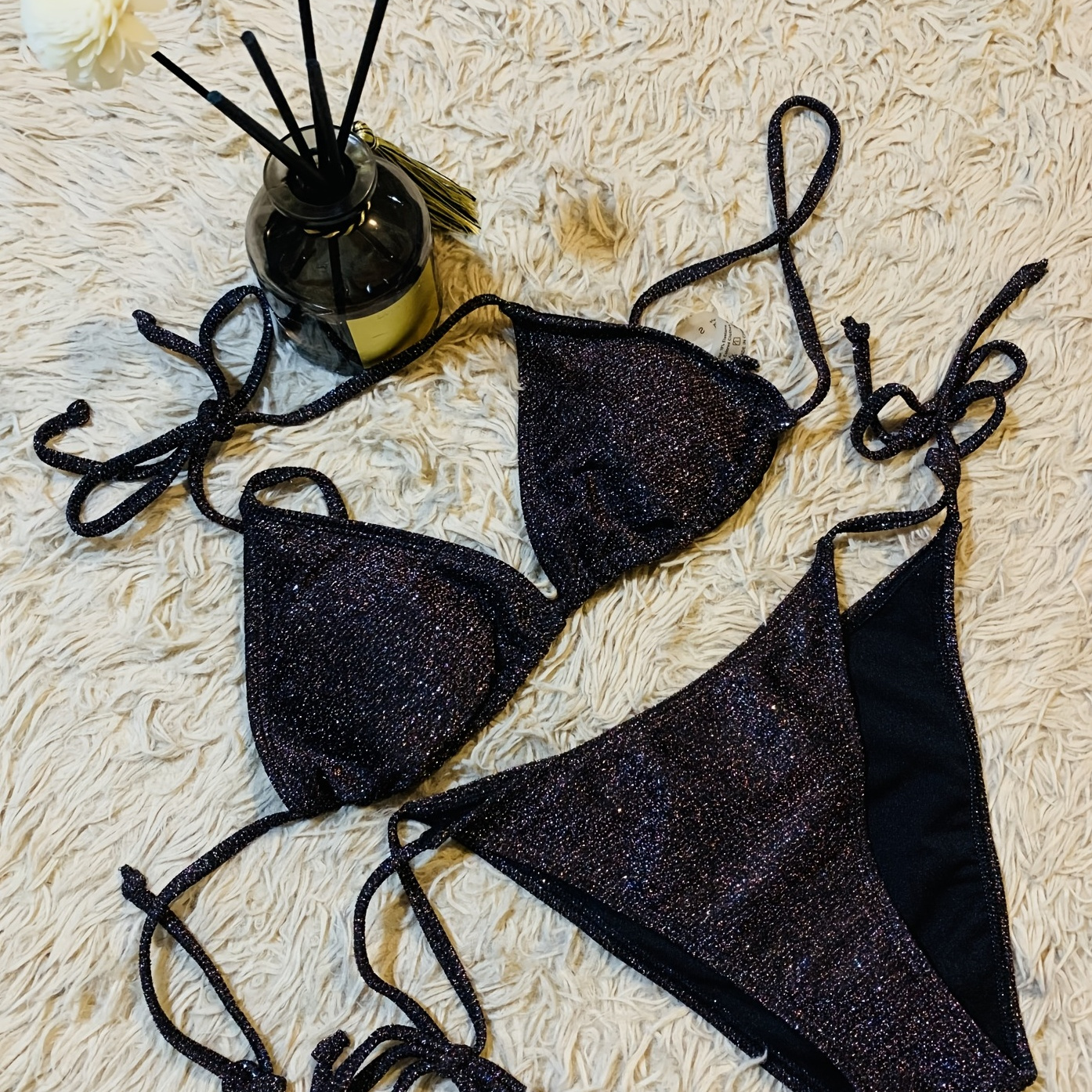 

Glittering Fabrics Triangle Bikini Sets, Halter Neck Tie Side High Cut 2 Piece Swimsuit, Women's Swimwear & Clothing Valentine's Day