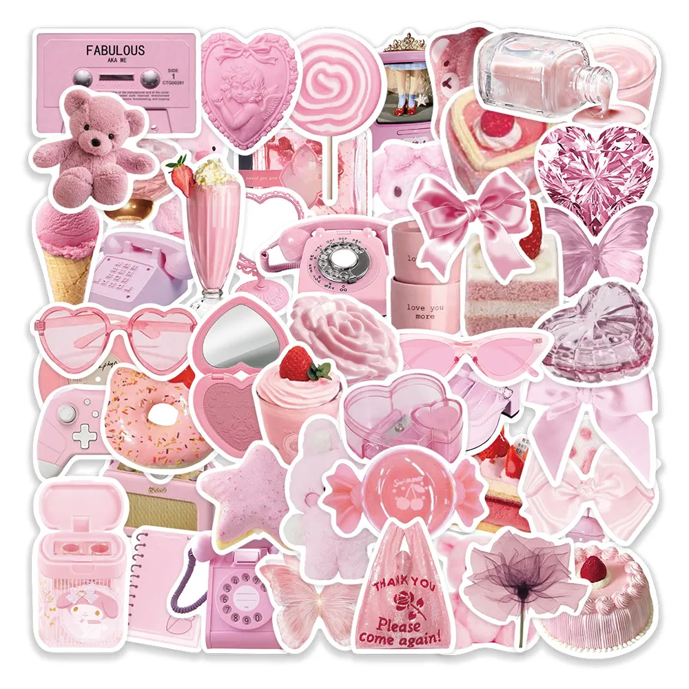 50pcs Pink Cute Stickers For Phone Case Luggage Decor, Waterproof DIY Stickers