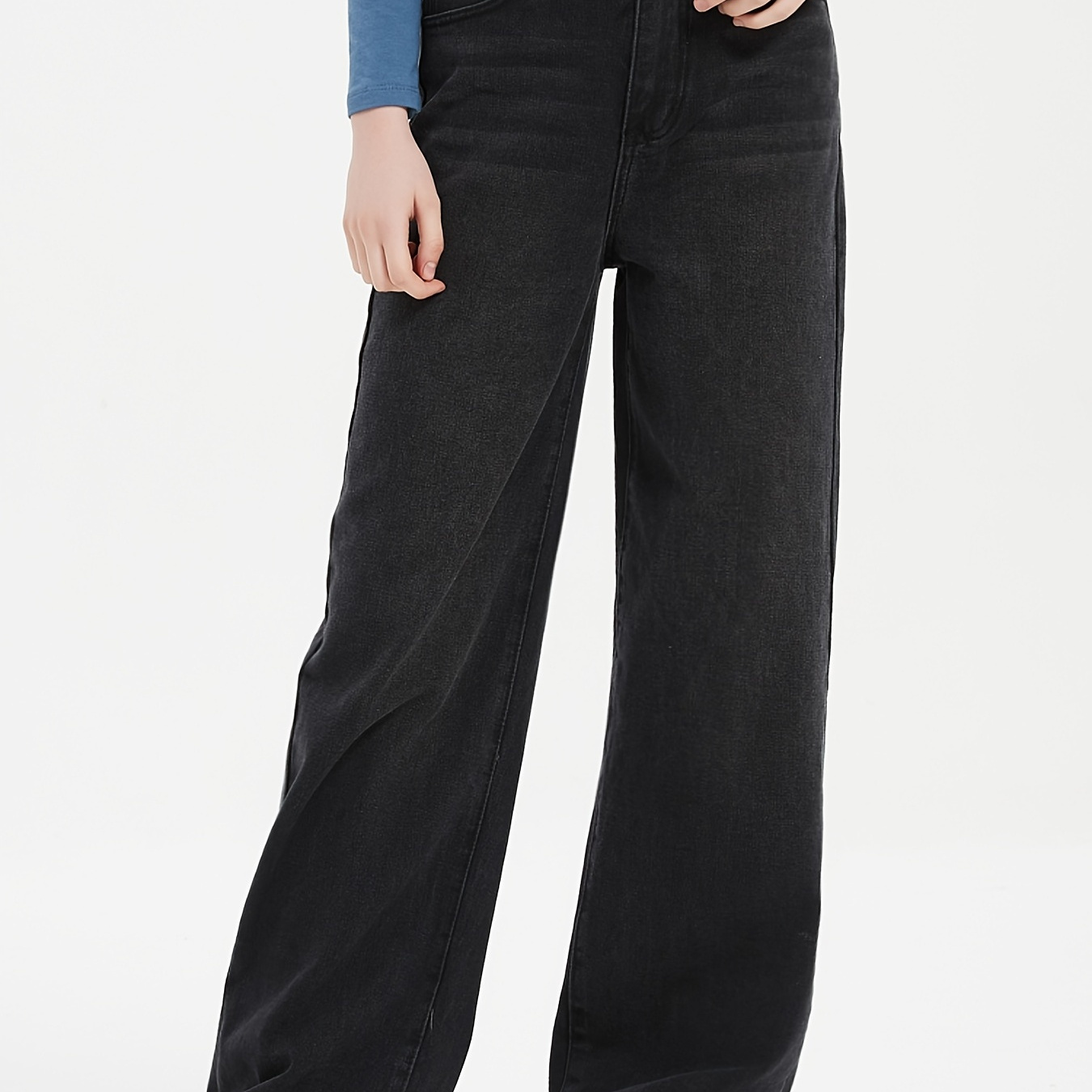 Black Multi-pocket Contrast White Seam Loose Denim Cargo Pants, Solid