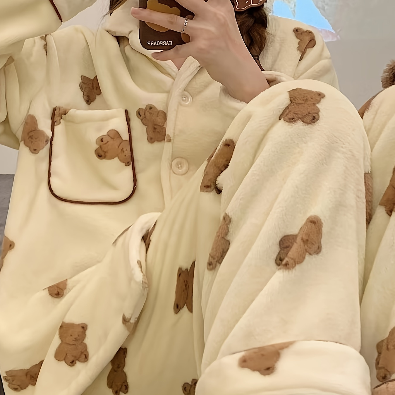 Cute Teddy Bear Warm & Thermal Loungewear , Long Sleeve Blouse Pajama