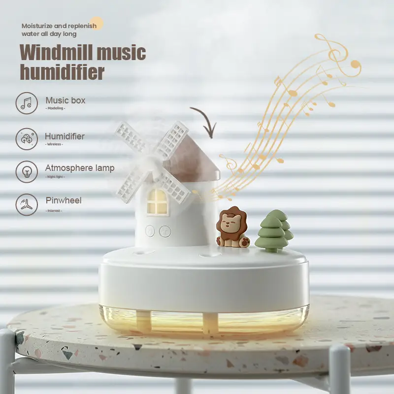 1pc mini windmill humidifier with night light and music cute humidifier for bedroom cool mist humidifiers desk humidifier music box for room office table details 5