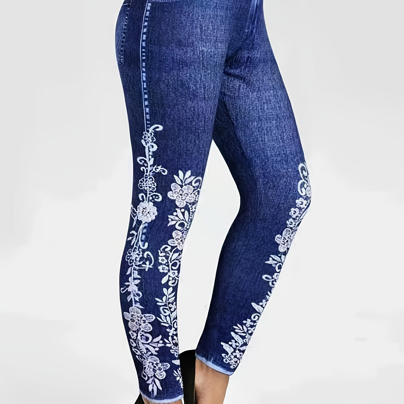 

Plus Size Floral Print High Rise Leggings, Women's Plus Casual High Stretch Skinny Pants