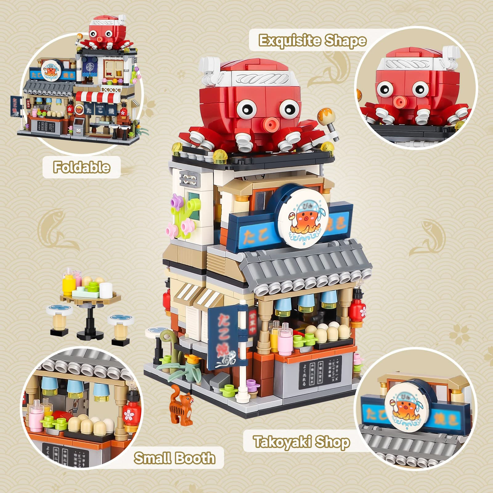 722 Pcs Creative Mini Building Blocks Set - Street View Takoyaki Shop -  Perfect Gift Idea for Girls 6-12 Years Old!