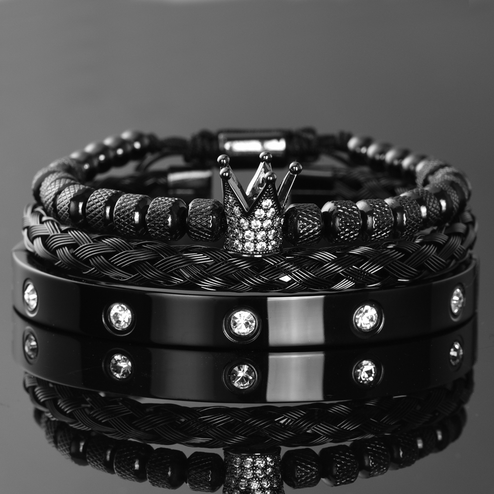 Men's Micro Pave CZ Round Beads Crown Bangle Bracelet