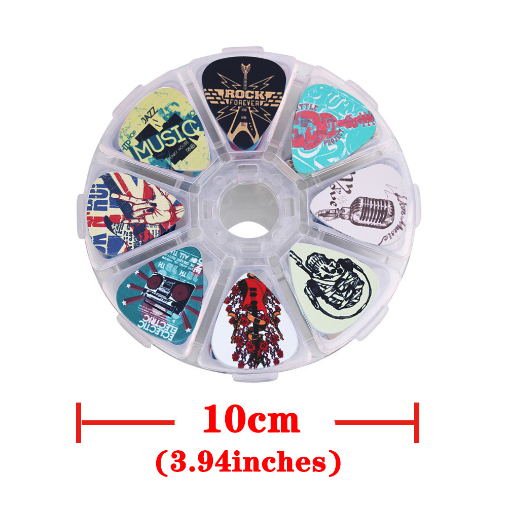 50pcs Electric Guitar Pick Variety Pack - 0.46, 0.71 & 1.0mm Thickness - PVC Material - Cartoon Skull & Wood Grain - 8 Grid Storage Box - Musical Instrument Accessories