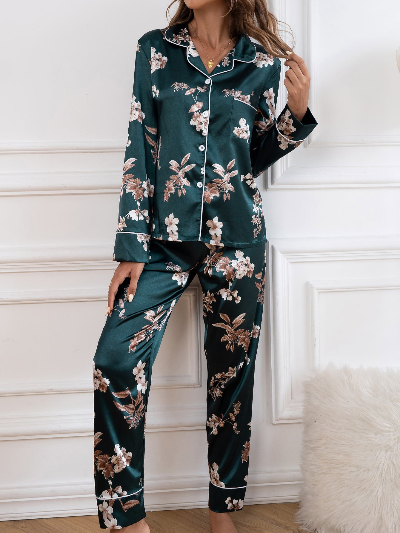 Elegant Floral Pattern Pajamas Set Satin Button Long Sleeve Temu